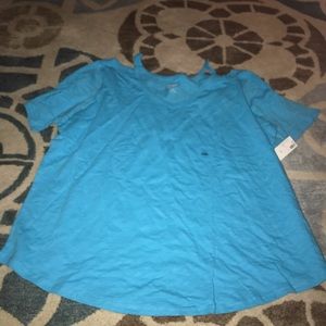 Off the shoulder shirt sleeved blue top